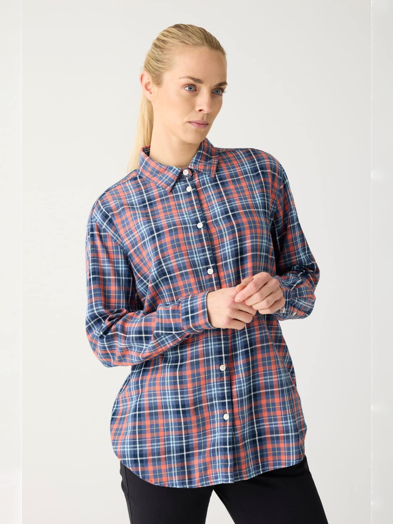 Blusen Damen Bluse Boyfriend Fit Checked Knowledge Cotton Apparel Blue Check 1