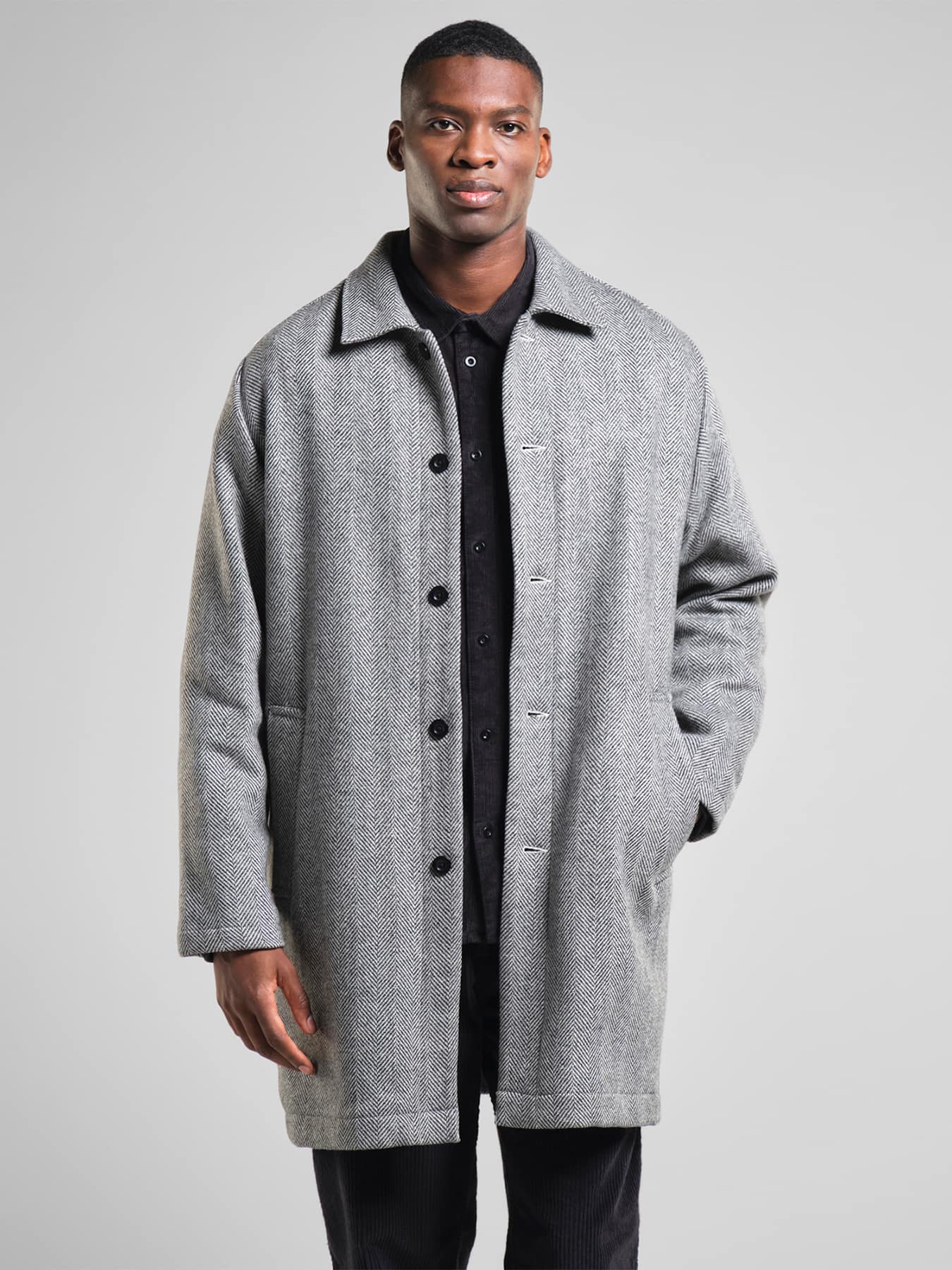 Jacke Mantel Wool Coat Stranda Dedicated Herringbone Black Grey 1