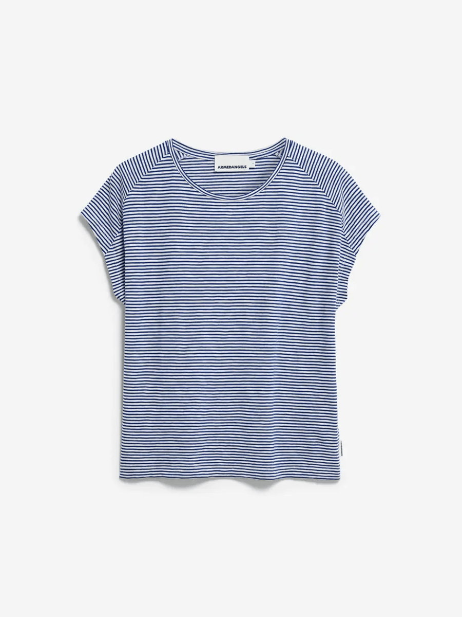 T Shirt Oneliaa Lovely Stripes Armedangels Oatmilk Lapis Blue 1